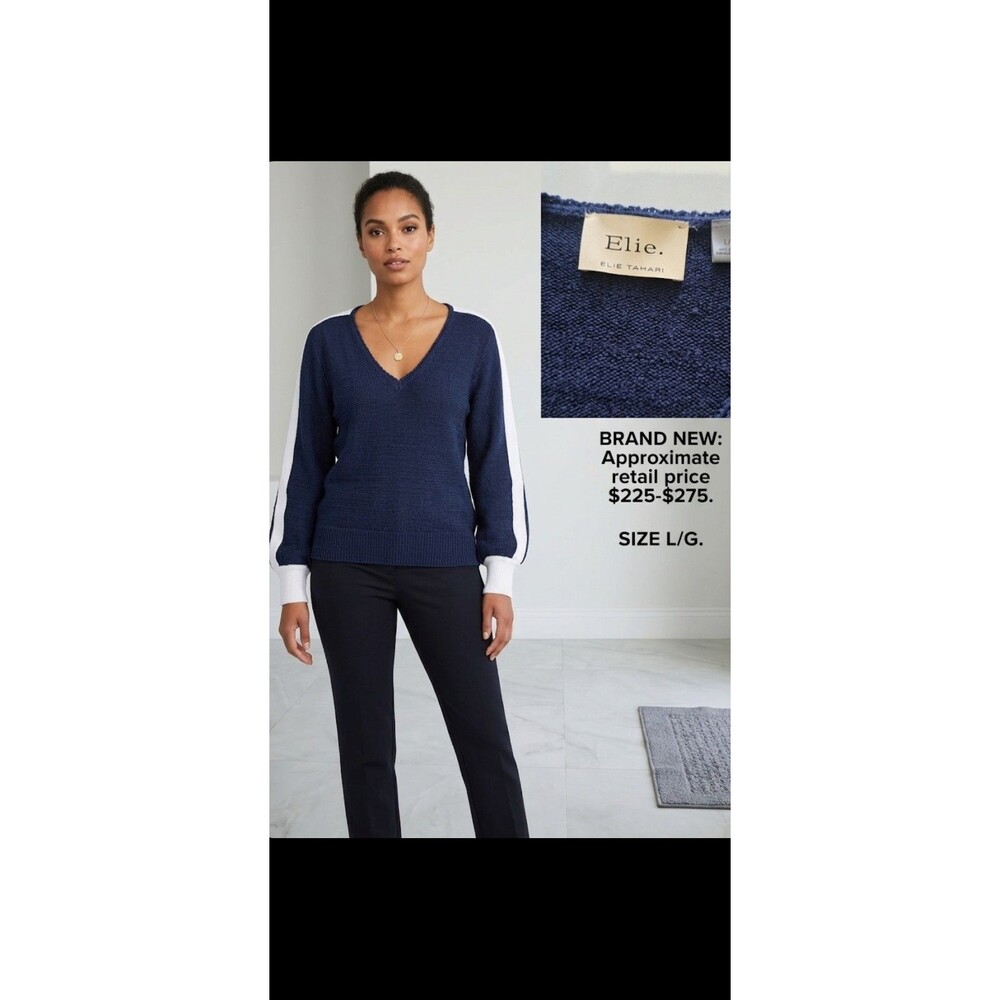 Elie. by Elie Tahari" Knit V-Neck Sweater Preppy- Navy/White, Size Large